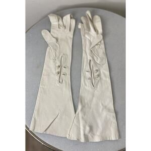 VTG 13” Thin Off White Leather Opera Gloves Pearl Buttons Flared Bottom XS
